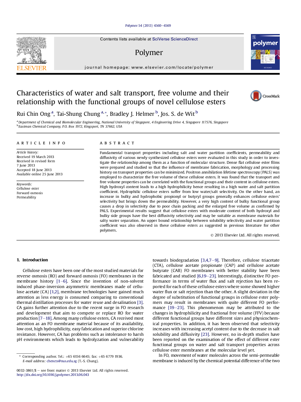 Characteristics of water and salt transport, free volume and their relationship with the functional groups of novel cellulose esters