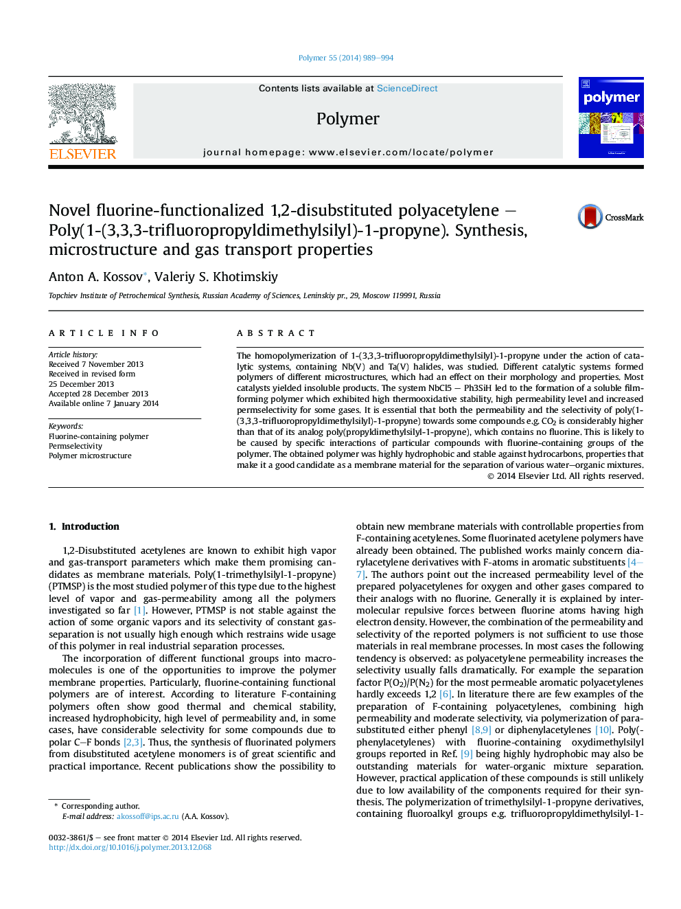 Novel fluorine-functionalized 1,2-disubstituted polyacetylene - Poly(1-(3,3,3-trifluoropropyldimethylsilyl)-1-propyne). Synthesis, microstructure and gas transport properties