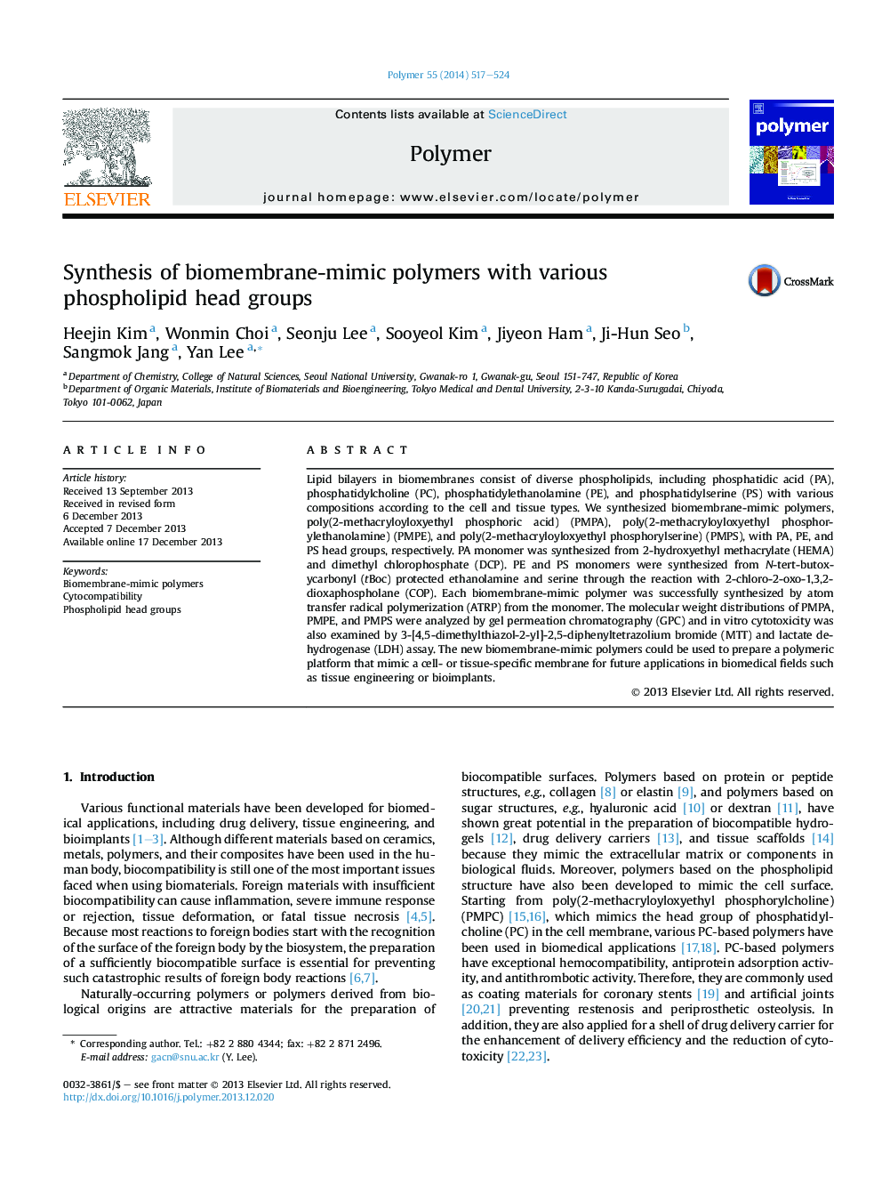 Synthesis of biomembrane-mimic polymers with various phospholipid head groups