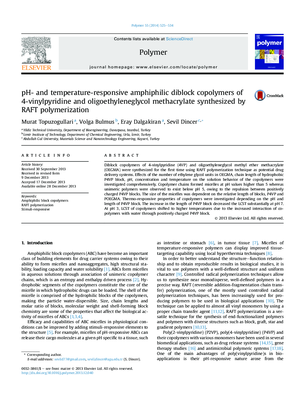 pH- and temperature-responsive amphiphilic diblock copolymers of 4-vinylpyridine and oligoethyleneglycol methacrylate synthesized by RAFT polymerization