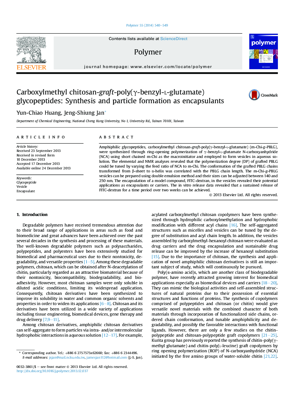 Carboxylmethyl chitosan-graft-poly(Î³-benzyl-l-glutamate) glycopeptides: Synthesis and particle formation as encapsulants