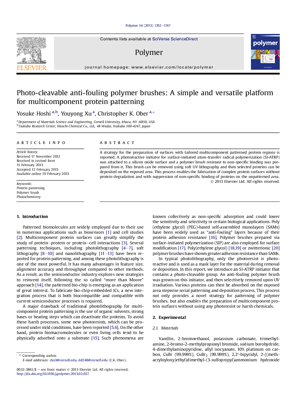 Photo-cleavable anti-fouling polymer brushes: A simple and versatile platform for multicomponent protein patterning