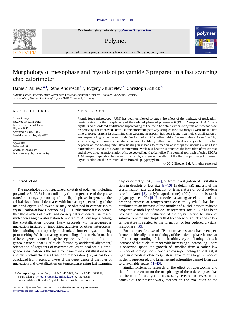 Morphology of mesophase and crystals of polyamide 6 prepared in a fast scanning chip calorimeter