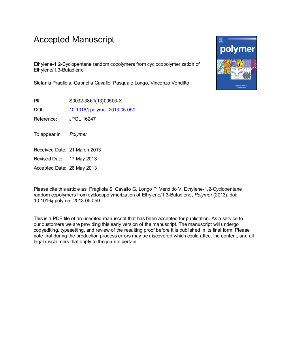 Ethylene-1,2-cyclopentane random copolymers from cyclocopolymerization of ethylene/1,3-butadiene