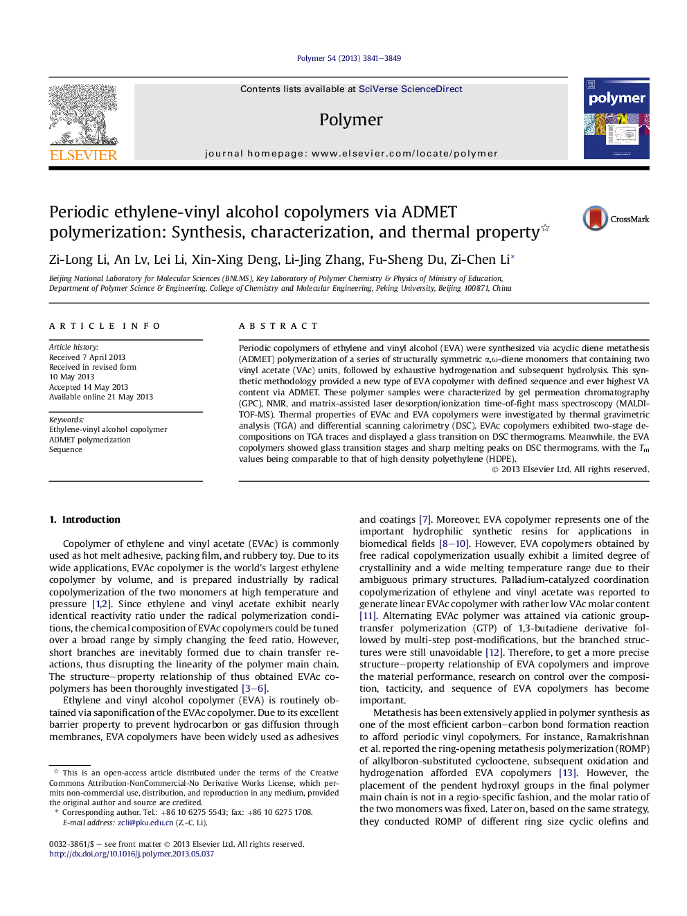 Periodic ethylene-vinyl alcohol copolymers via ADMET polymerization: Synthesis, characterization, and thermal property