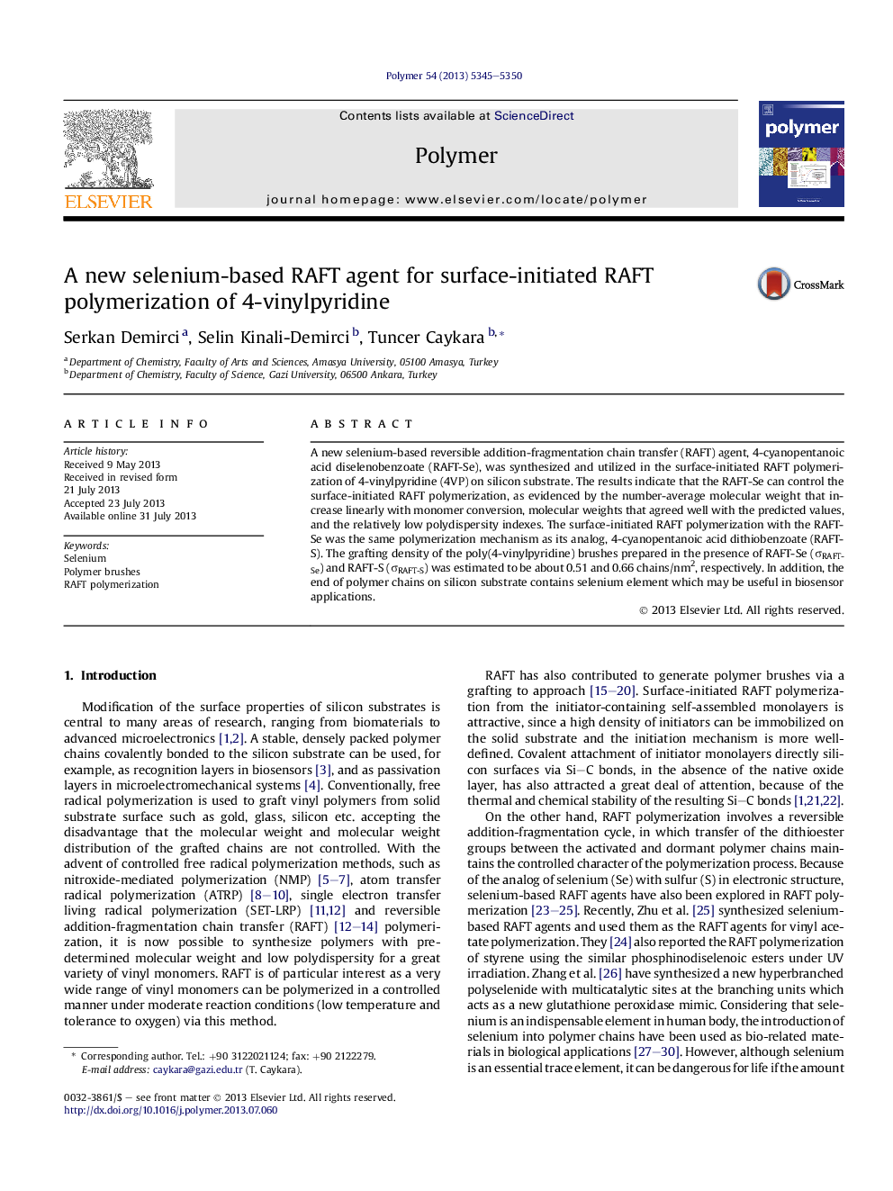 A new selenium-based RAFT agent for surface-initiated RAFT polymerization of 4-vinylpyridine