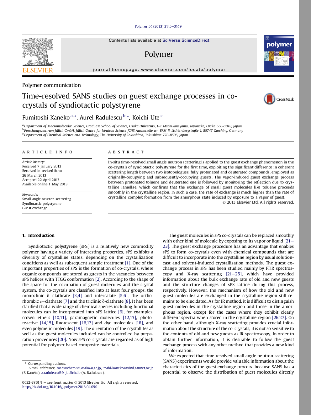 Time-resolved SANS studies on guest exchange processes in co-crystals ofÂ syndiotactic polystyrene