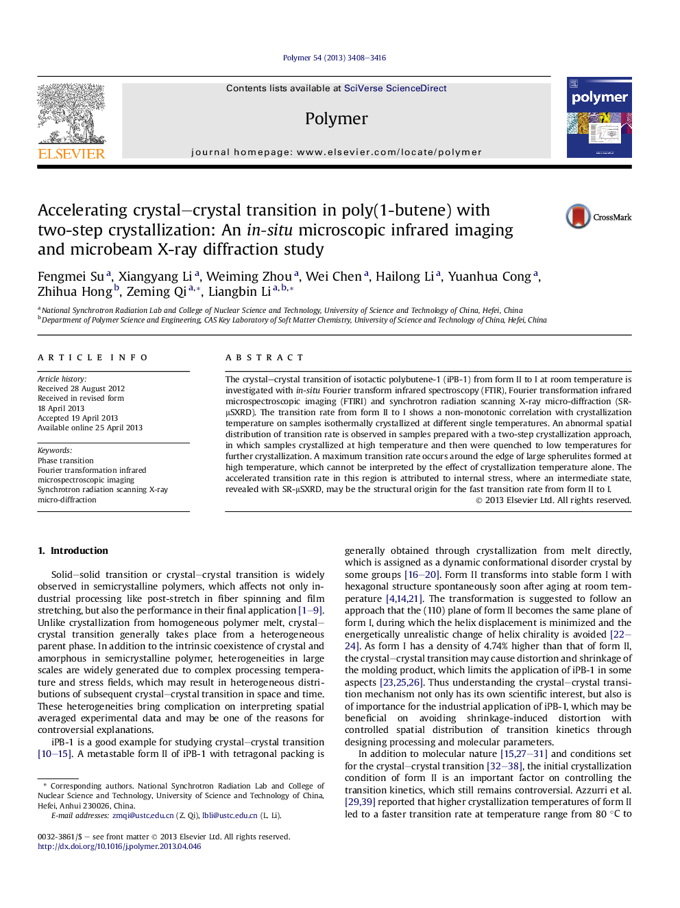 تسریع در انتقال کریستال بلوری در پلی (1-بوتن) با کریستال شدن دو مرحلهای: یک تصویربرداری مادون قرمز میکروسکوپی موضعی و مطالعه پراش اشعه ایکس میکروبی 