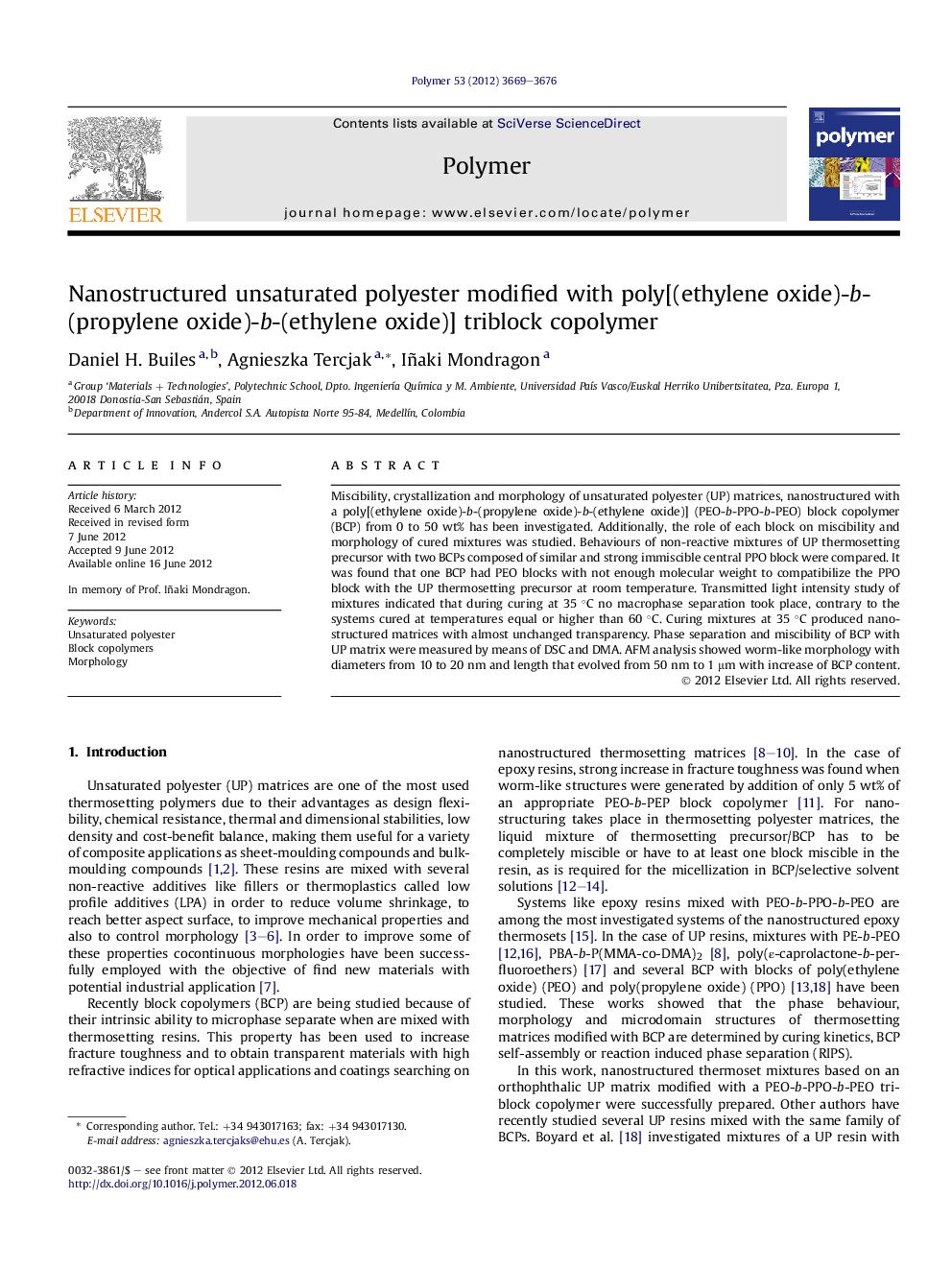 Nanostructured unsaturated polyester modified with poly[(ethylene oxide)-b-(propylene oxide)-b-(ethylene oxide)] triblock copolymer