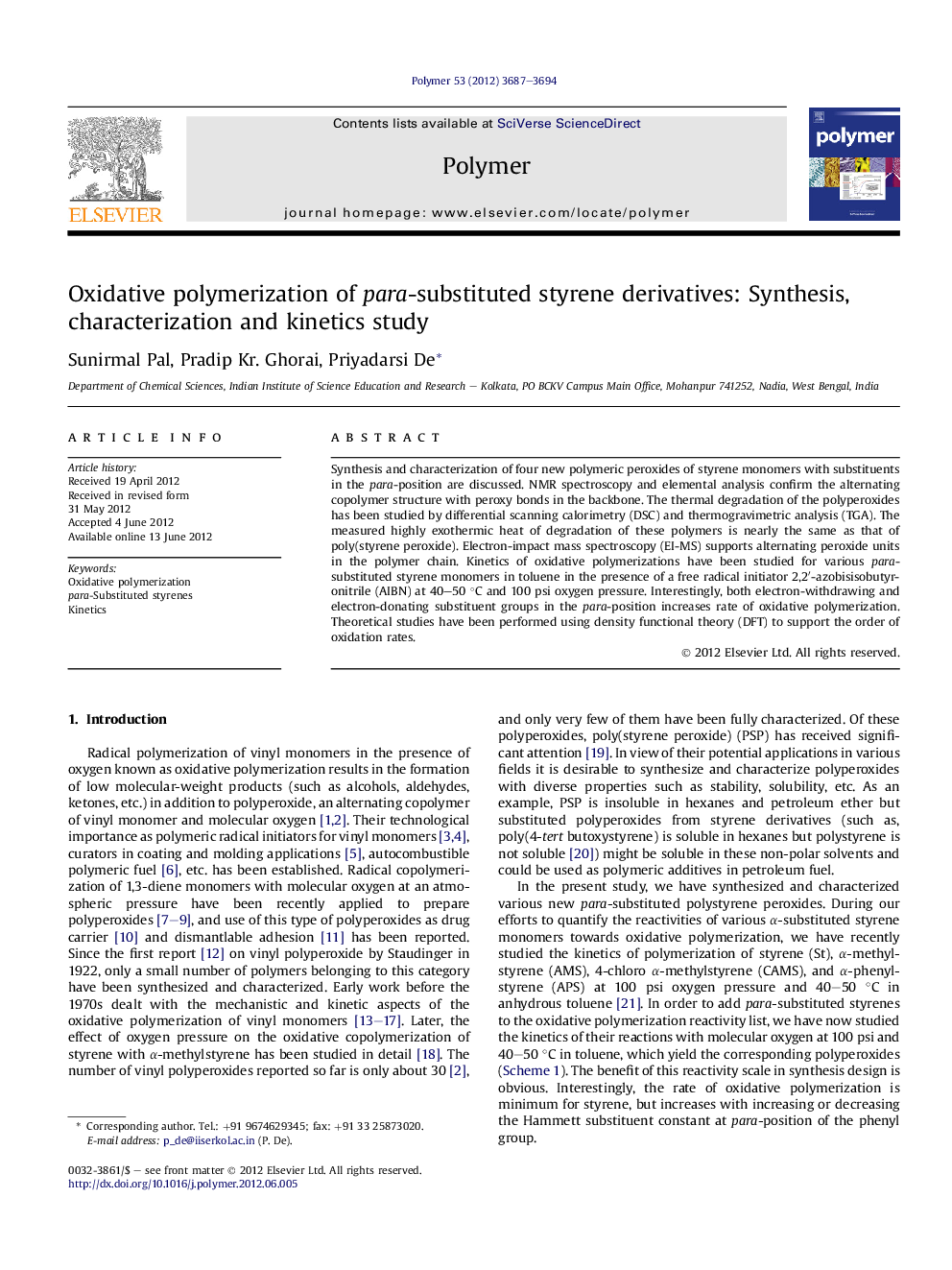 Oxidative polymerization of para-substituted styrene derivatives: Synthesis, characterization and kinetics study