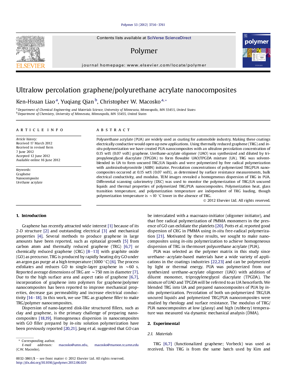 Ultralow percolation graphene/polyurethane acrylate nanocomposites