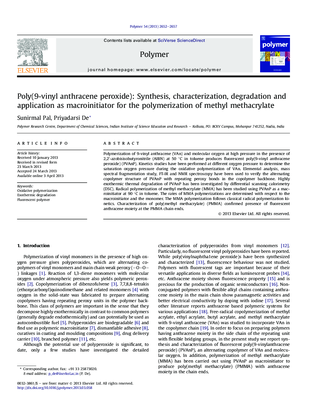 Poly(9-vinyl anthracene peroxide): Synthesis, characterization, degradation and application as macroinitiator for the polymerization of methyl methacrylate