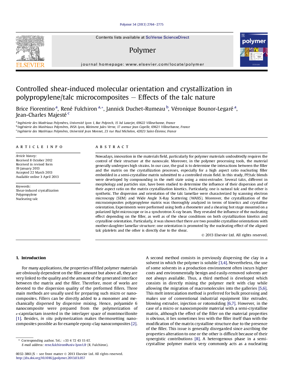 Controlled shear-induced molecular orientation and crystallization in polypropylene/talc microcomposites - Effects of the talc nature