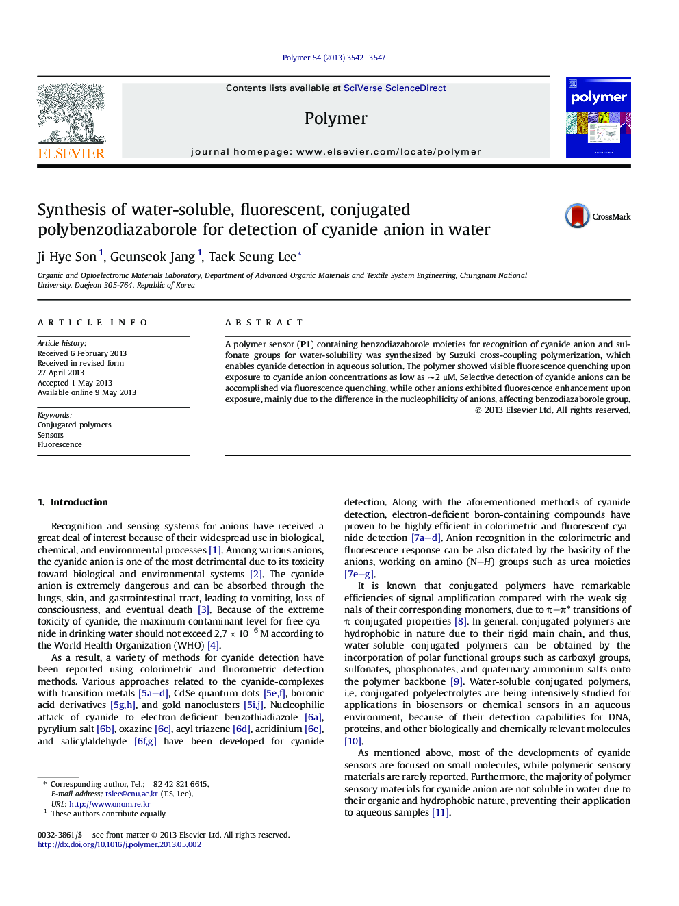 Synthesis of water-soluble, fluorescent, conjugated polybenzodiazaborole forÂ detection of cyanide anion in water