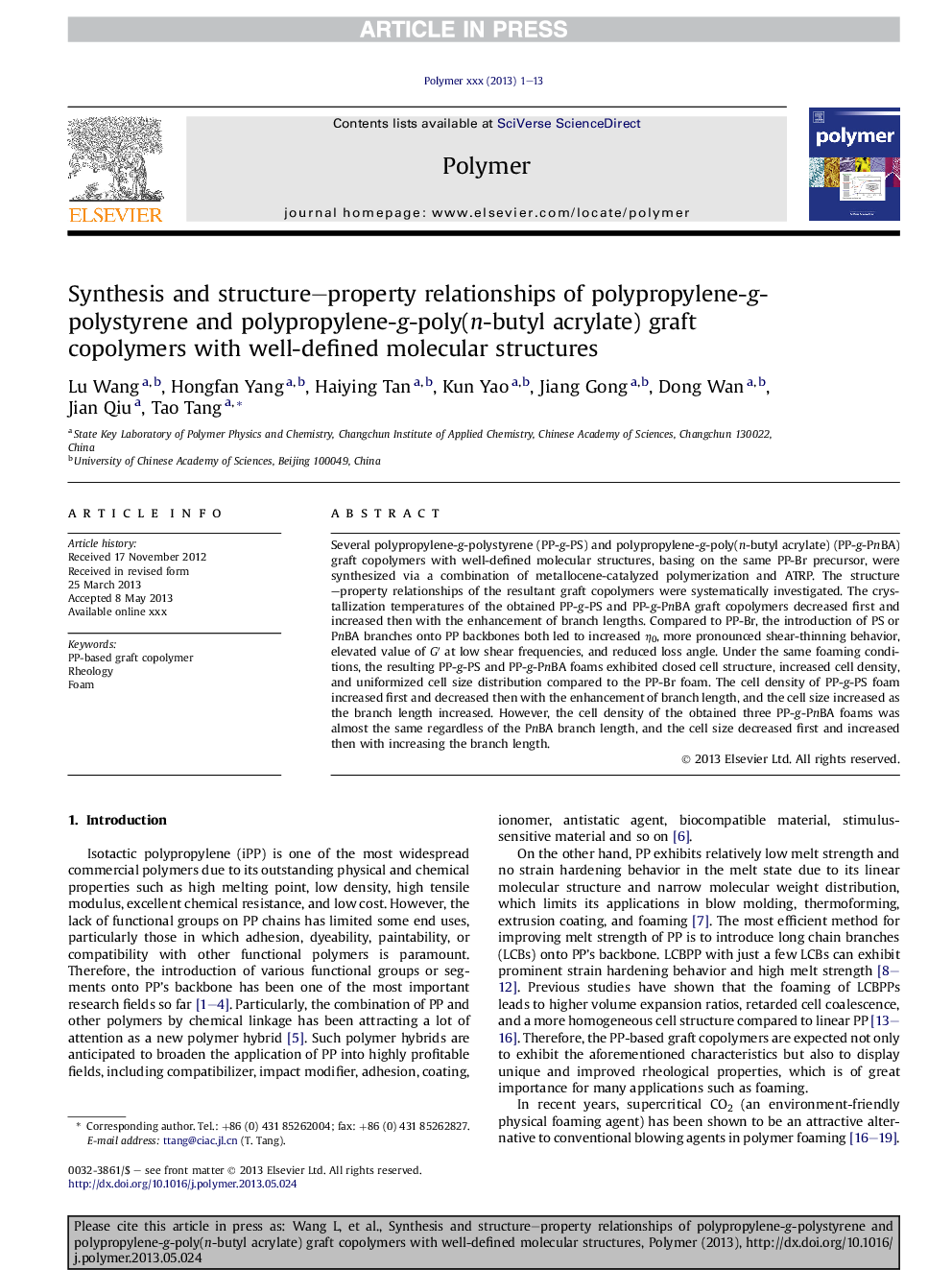 Synthesis and structure-property relationships of polypropylene-g-polystyrene and polypropylene-g-poly(n-butyl acrylate) graft copolymers with well-defined molecular structures