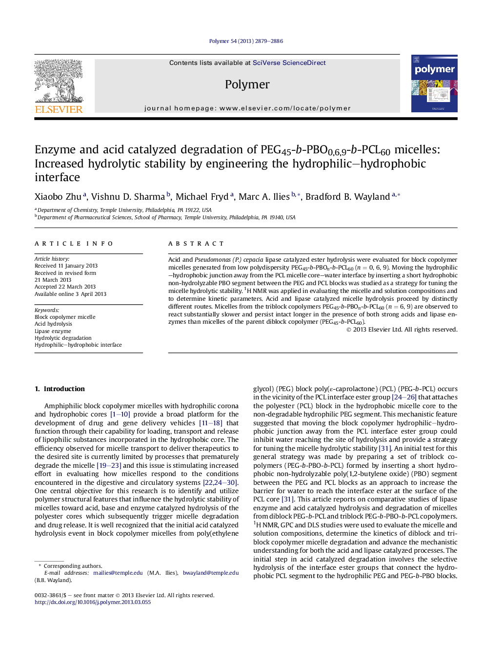 Enzyme and acid catalyzed degradation of PEG45-b-PBO0,6,9-b-PCL60 micelles: Increased hydrolytic stability by engineering the hydrophilic-hydrophobic interface