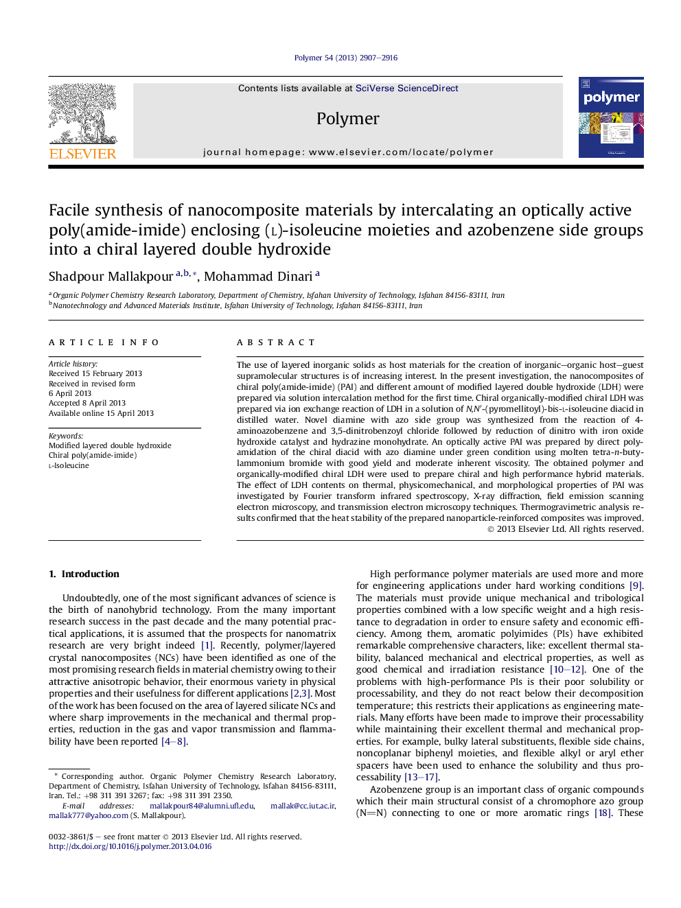 Facile synthesis of nanocomposite materials by intercalating an optically active poly(amide-imide) enclosing (l)-isoleucine moieties and azobenzene side groups into a chiral layered double hydroxide