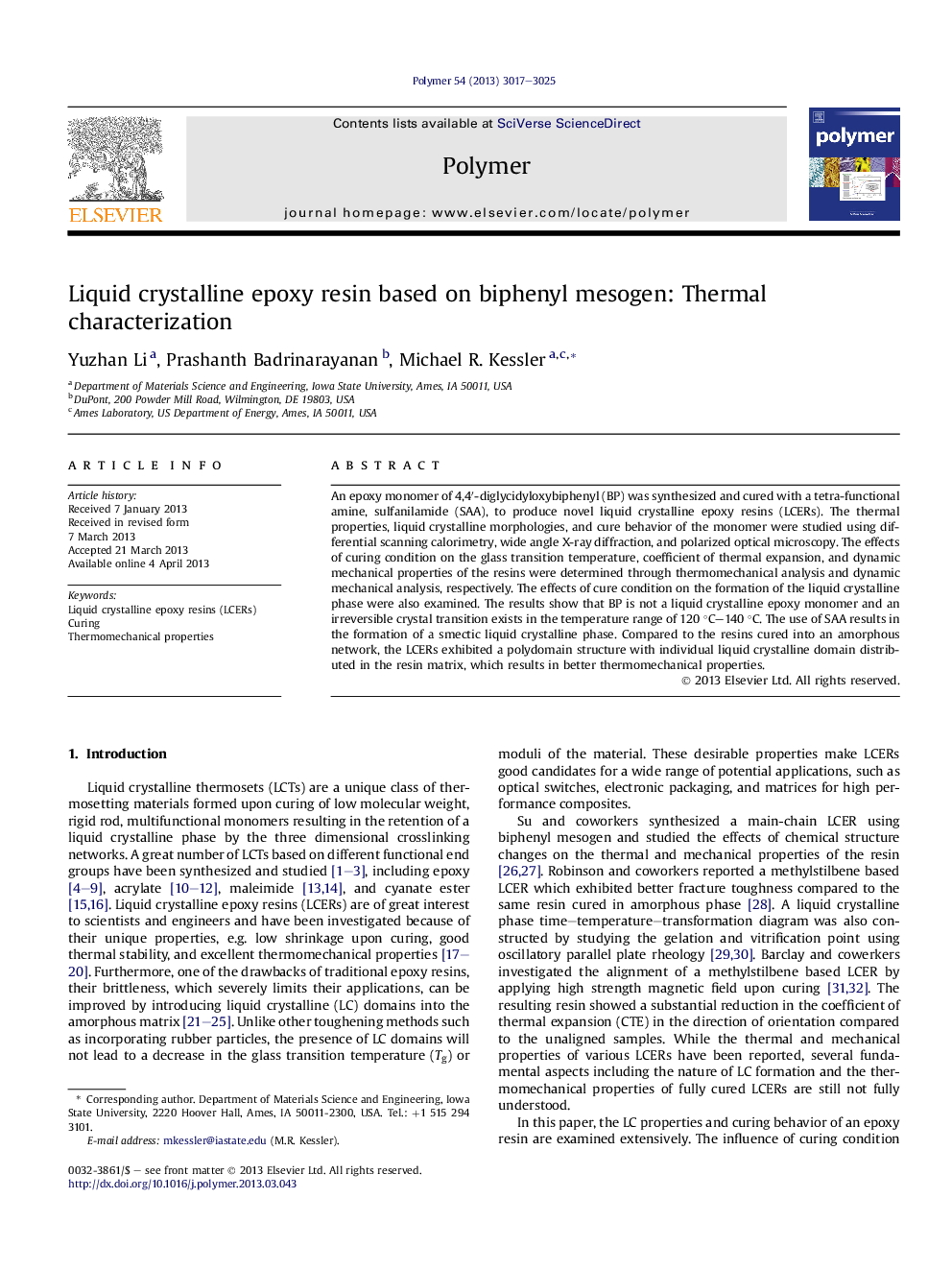 Liquid crystalline epoxy resin based on biphenyl mesogen: Thermal characterization