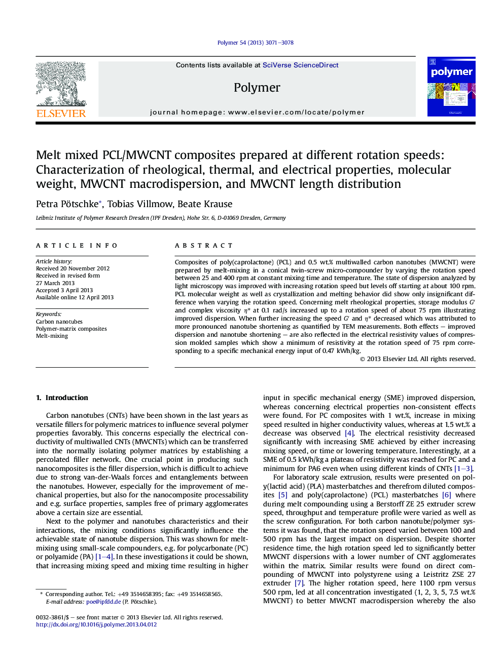 Melt mixed PCL/MWCNT composites prepared at different rotation speeds: Characterization of rheological, thermal, and electrical properties, molecular weight, MWCNT macrodispersion, and MWCNT length distribution