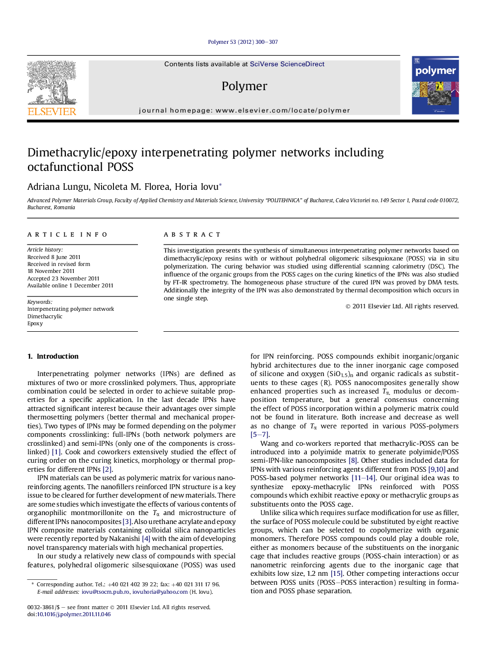 Dimethacrylic/epoxy interpenetrating polymer networks including octafunctional POSS