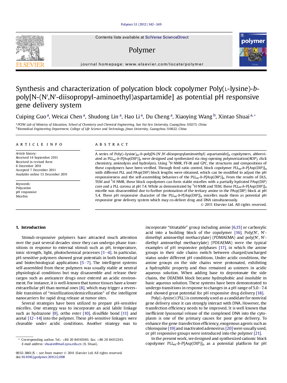 Synthesis and characterization of polycation block copolymer Poly(l-lysine)-b-poly[N-(Nâ²,Nâ²-diisopropyl-aminoethyl)aspartamide] as potential pH responsive gene delivery system