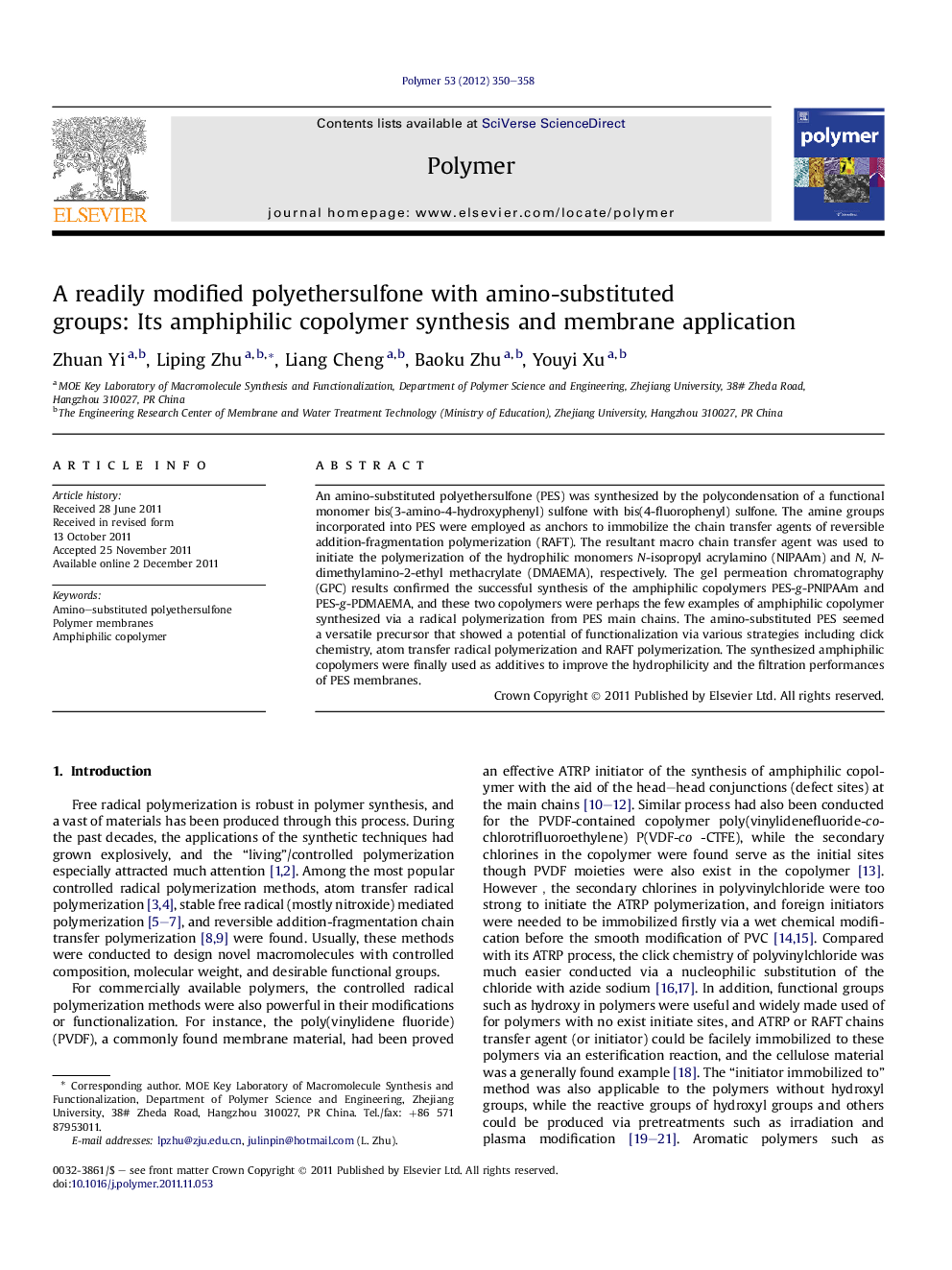 A readily modified polyethersulfone with amino-substituted groups: Its amphiphilic copolymer synthesis and membrane application