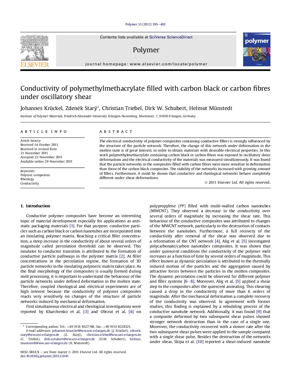 Conductivity of polymethylmethacrylate filled with carbon black or carbon fibres under oscillatory shear