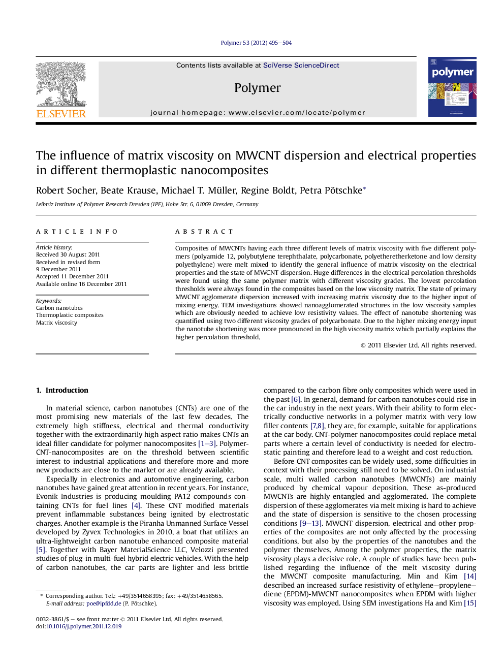 عکس صفحه اول مقاله: The influence of matrix viscosity on MWCNT dispersion and electrical properties in different thermoplastic nanocomposites The influence of matrix viscosity on MWCNT dispersion and electrical properties in different thermoplastic nanocomposites
