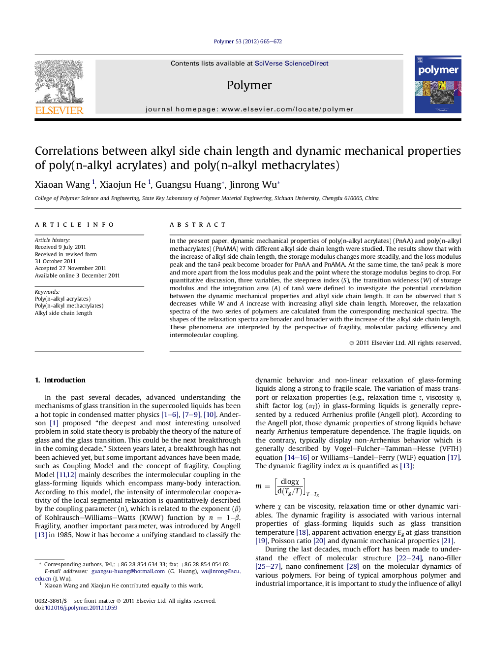 Correlations between alkyl side chain length and dynamic mechanical properties of poly(n-alkyl acrylates) and poly(n-alkyl methacrylates)