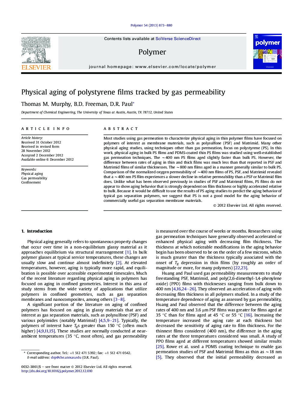 Physical aging of polystyrene films tracked by gas permeability