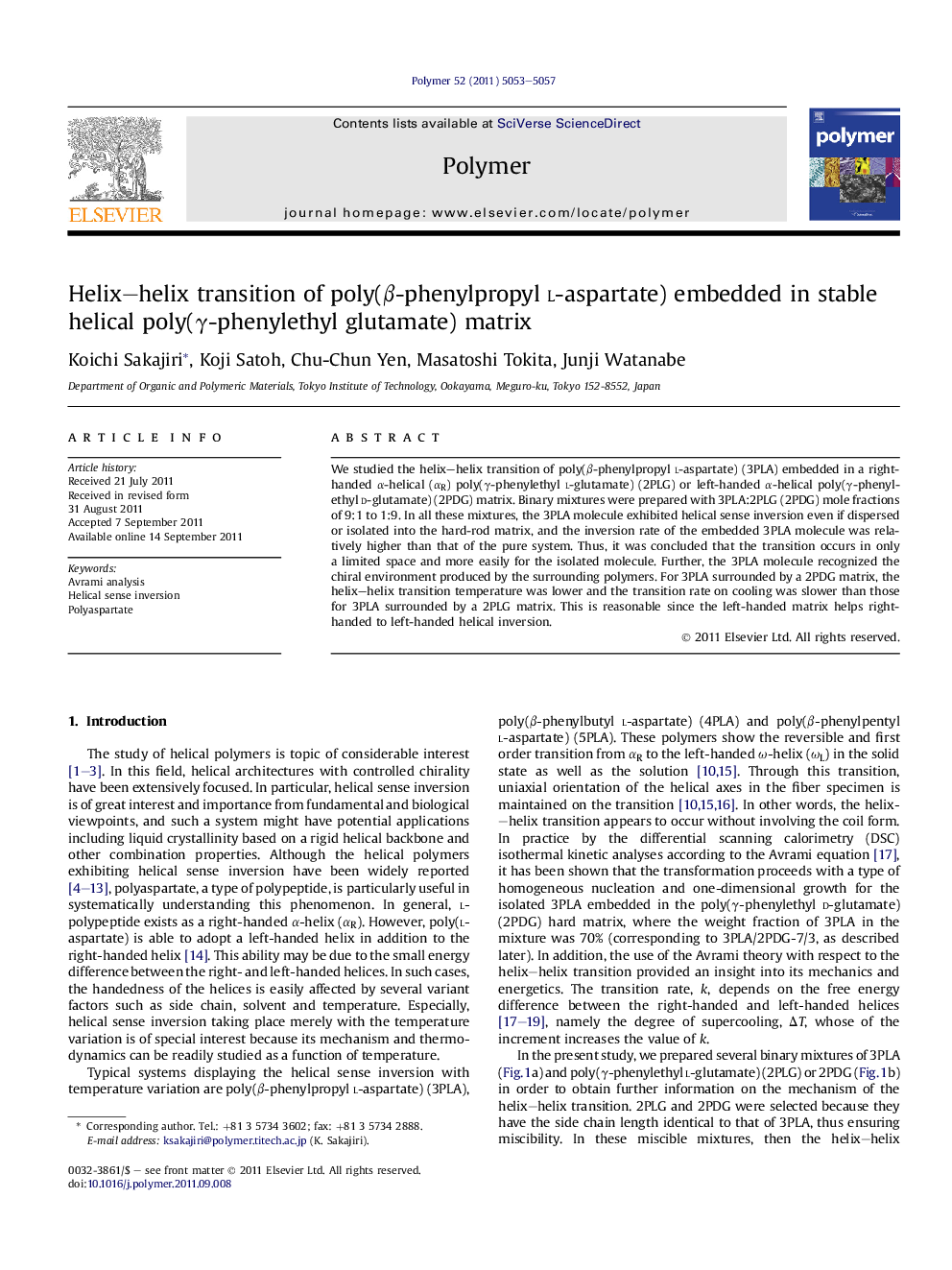 Helix-helix transition of poly(Î²-phenylpropyl l-aspartate) embedded in stable helical poly(Î³-phenylethyl glutamate) matrix