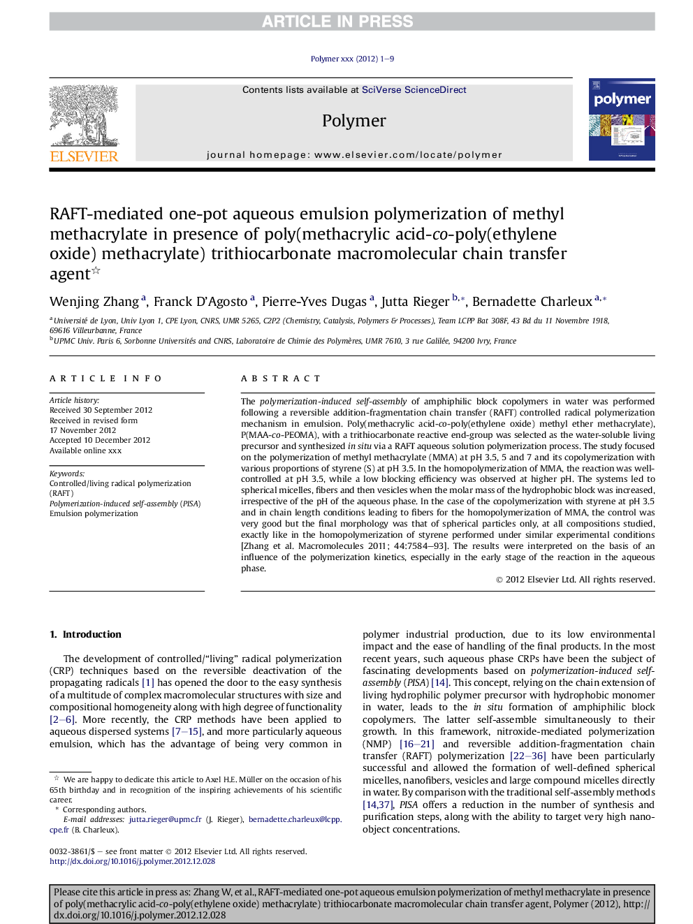 RAFT-mediated one-pot aqueous emulsion polymerization of methyl methacrylate in presence of poly(methacrylic acid-co-poly(ethylene oxide) methacrylate) trithiocarbonate macromolecular chain transfer agent