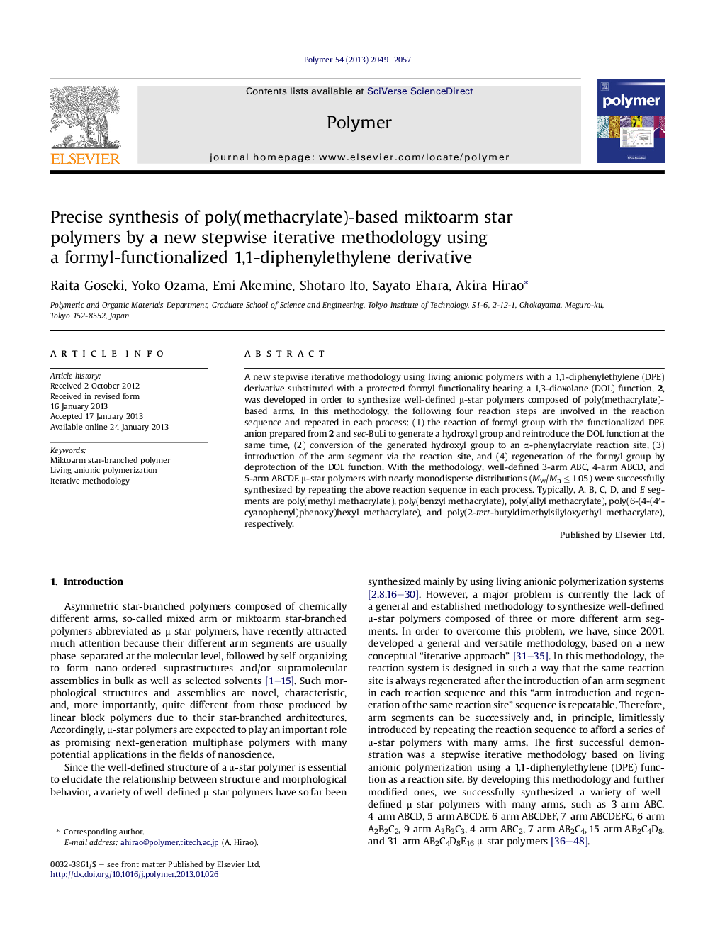 Precise synthesis of poly(methacrylate)-based miktoarm star polymers by a new stepwise iterative methodology using a formyl-functionalized 1,1-diphenylethylene derivative