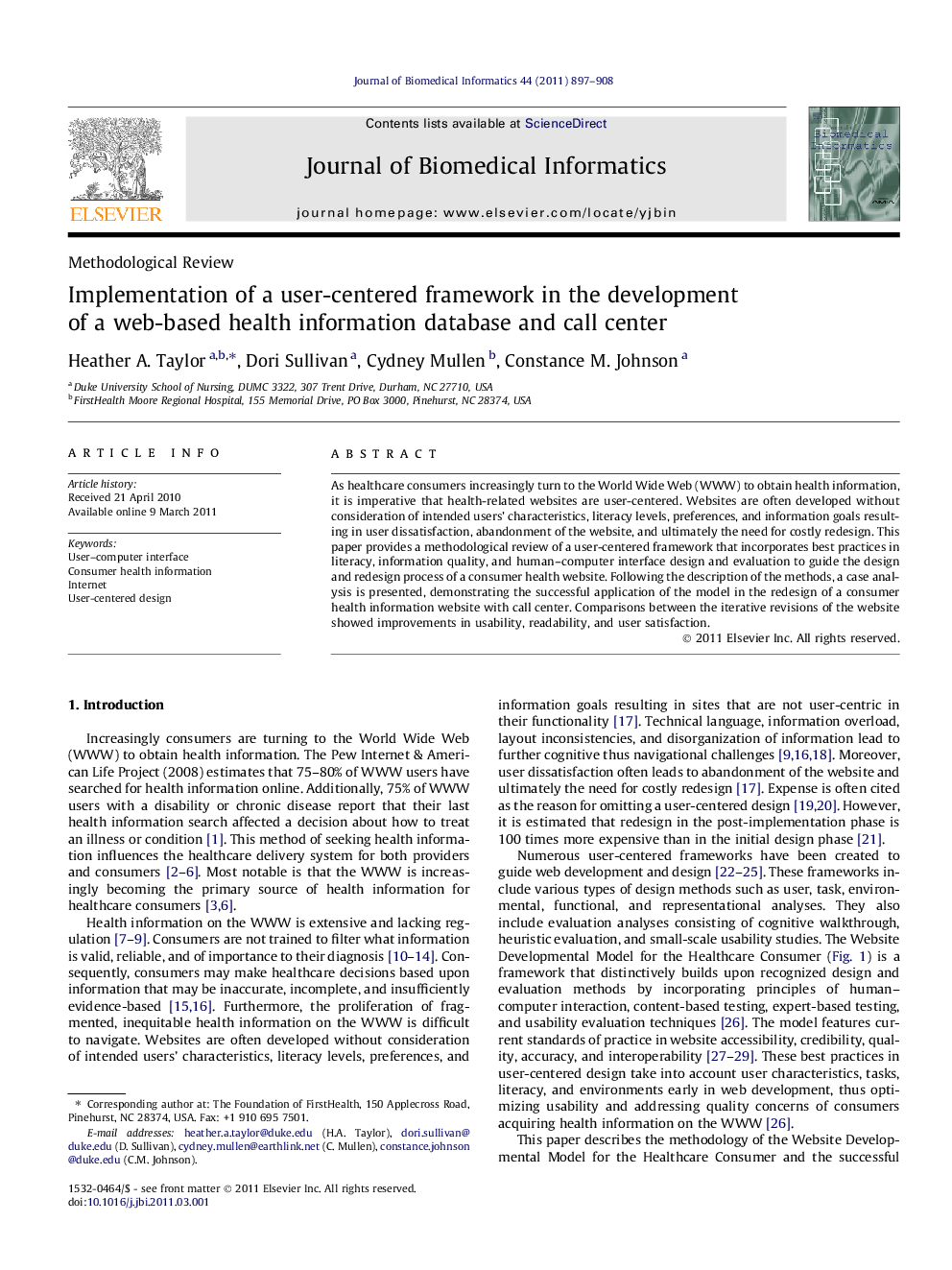 Implementation of a user-centered framework in the development of a web-based health information database and call center