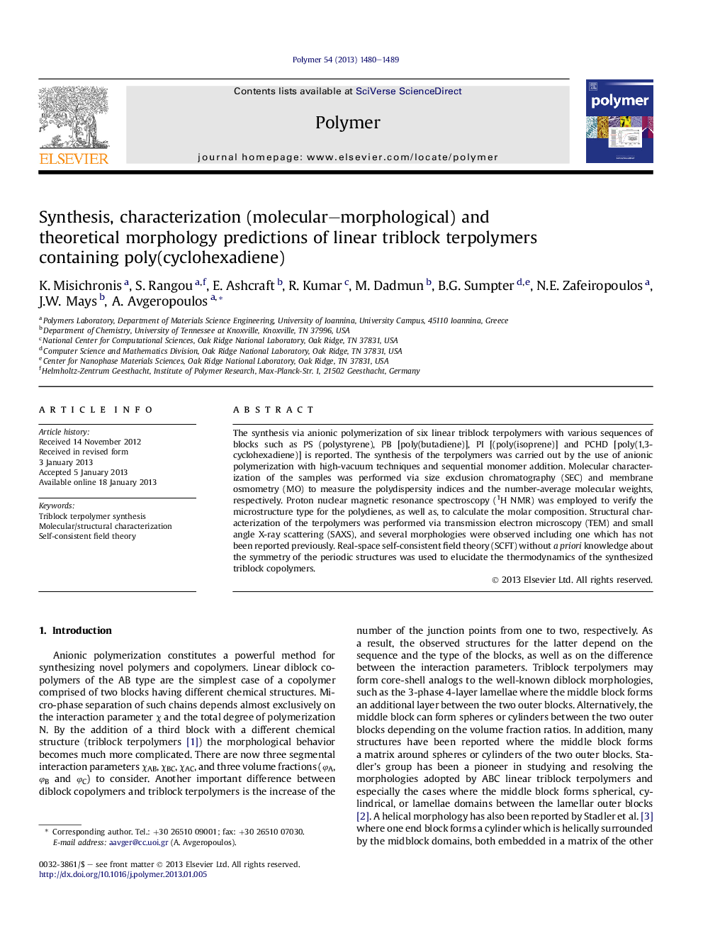 Synthesis, characterization (molecular-morphological) and theoretical morphology predictions of linear triblock terpolymers containing poly(cyclohexadiene)