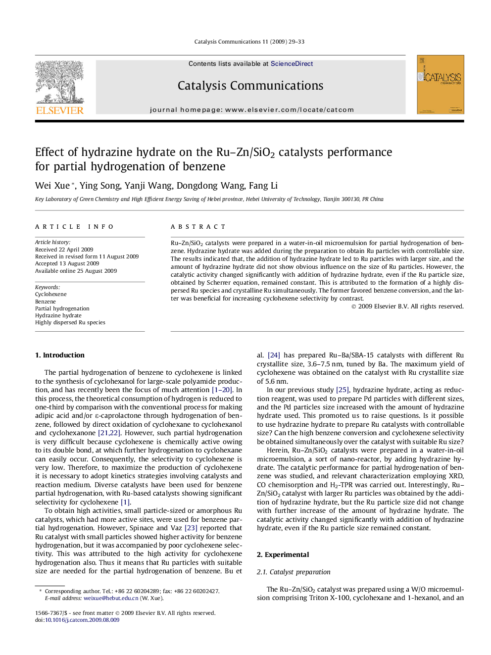 عکس صفحه اول مقاله: Effect of hydrazine hydrate on the Ru–Zn/SiO2 catalysts performance for partial hydrogenation of benzene Effect of hydrazine hydrate on the Ru–Zn/SiO2 catalysts performance for partial hydrogenation of benzene
