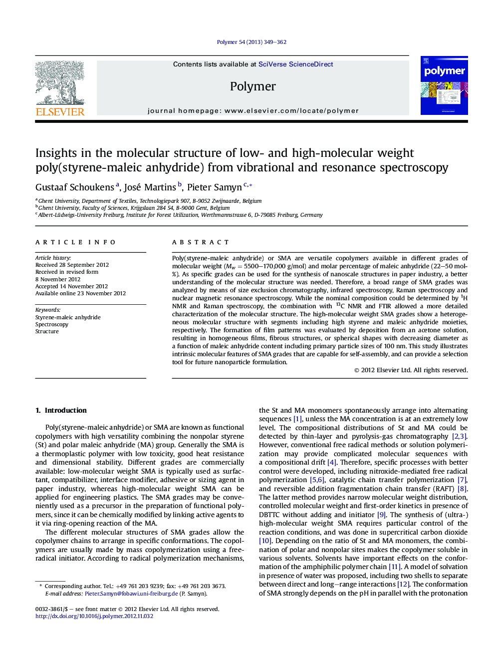 Insights in the molecular structure of low- and high-molecular weight poly(styrene-maleic anhydride) from vibrational and resonance spectroscopy