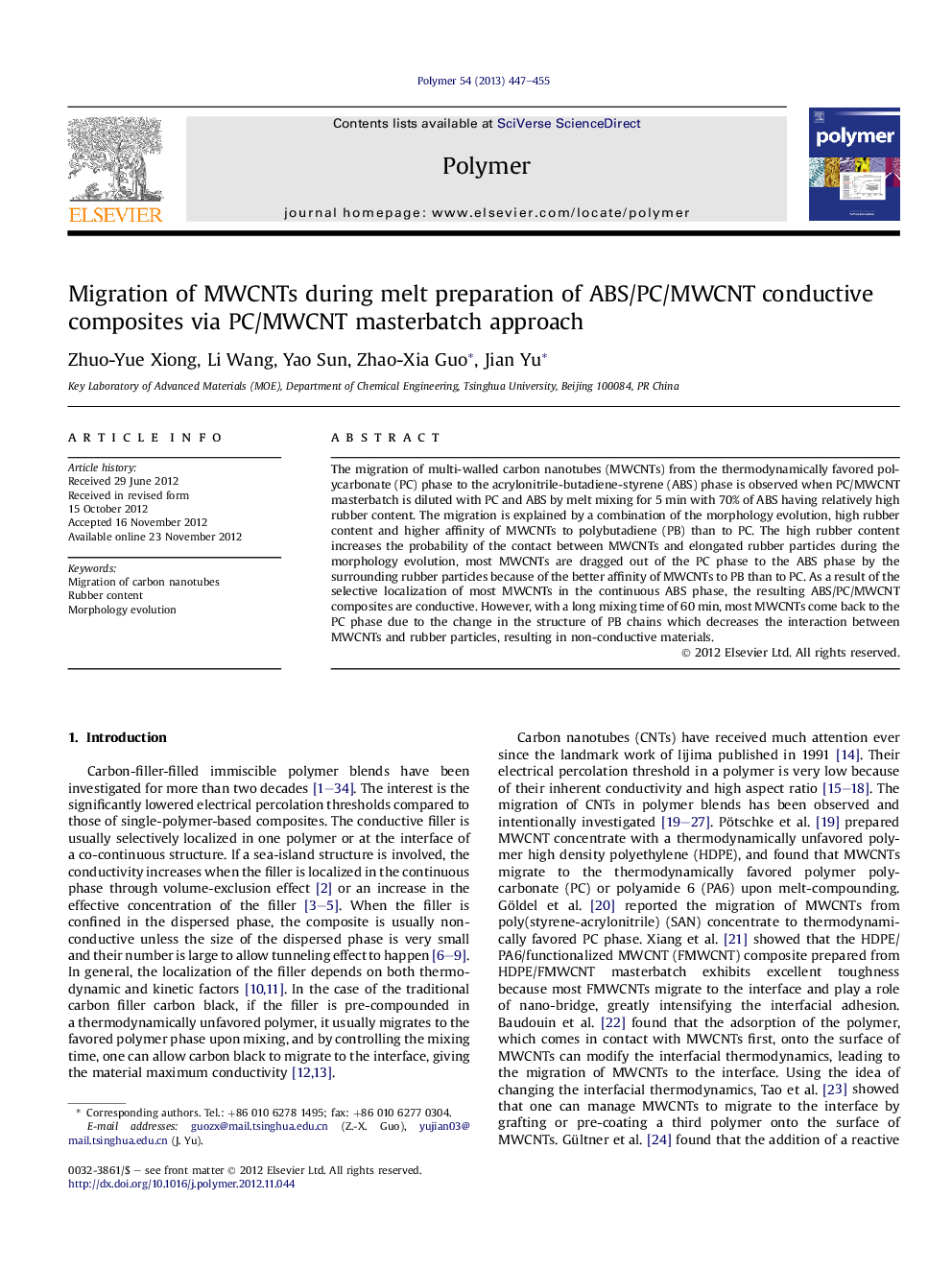 Migration of MWCNTs during melt preparation of ABS/PC/MWCNT conductive composites via PC/MWCNT masterbatch approach