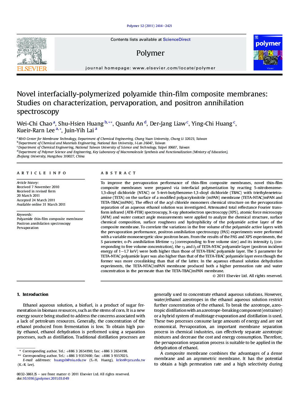 Novel interfacially-polymerized polyamide thin-film composite membranes: Studies on characterization, pervaporation, and positron annihilation spectroscopy