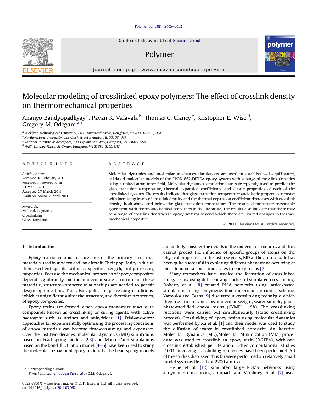 Molecular modeling of crosslinked epoxy polymers: The effect of crosslink density on thermomechanical properties