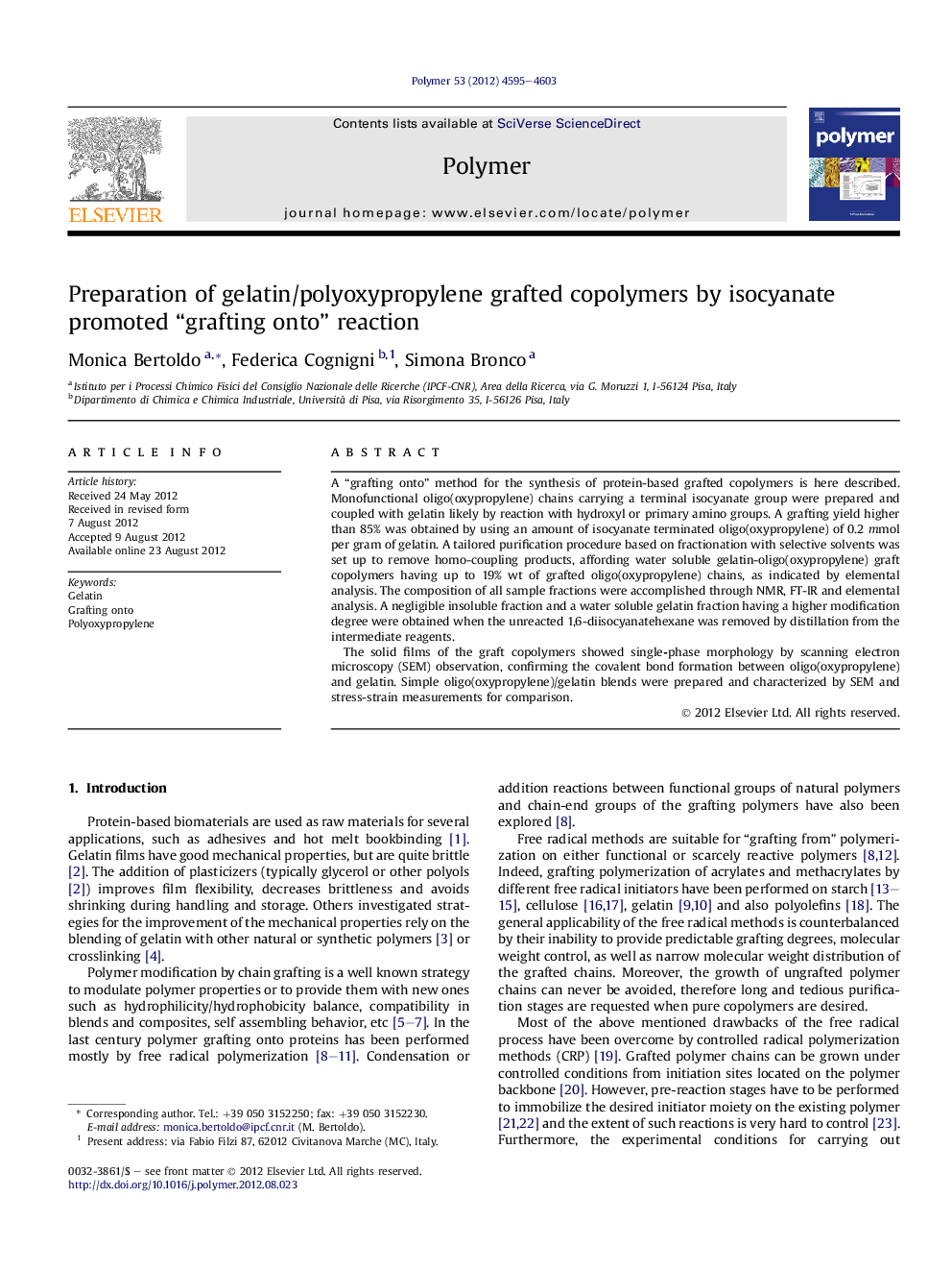 Preparation of gelatin/polyoxypropylene grafted copolymers by isocyanate promoted “grafting onto” reaction