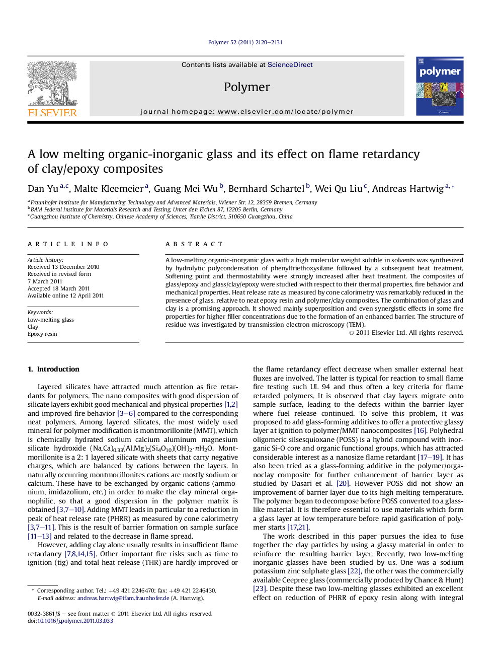 A low melting organic-inorganic glass and its effect on flame retardancy of clay/epoxy composites