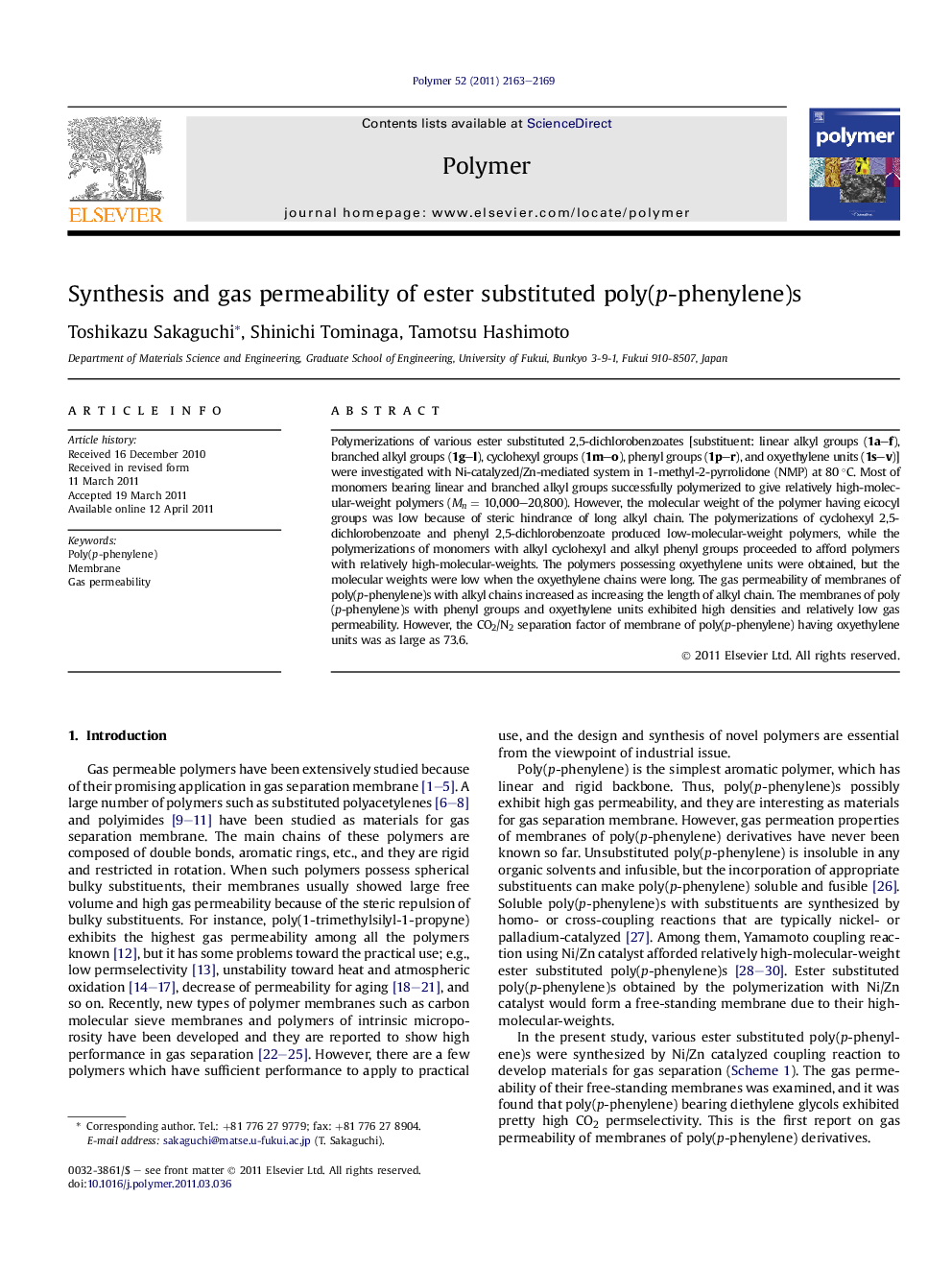 Synthesis and gas permeability of ester substituted poly(p-phenylene)s