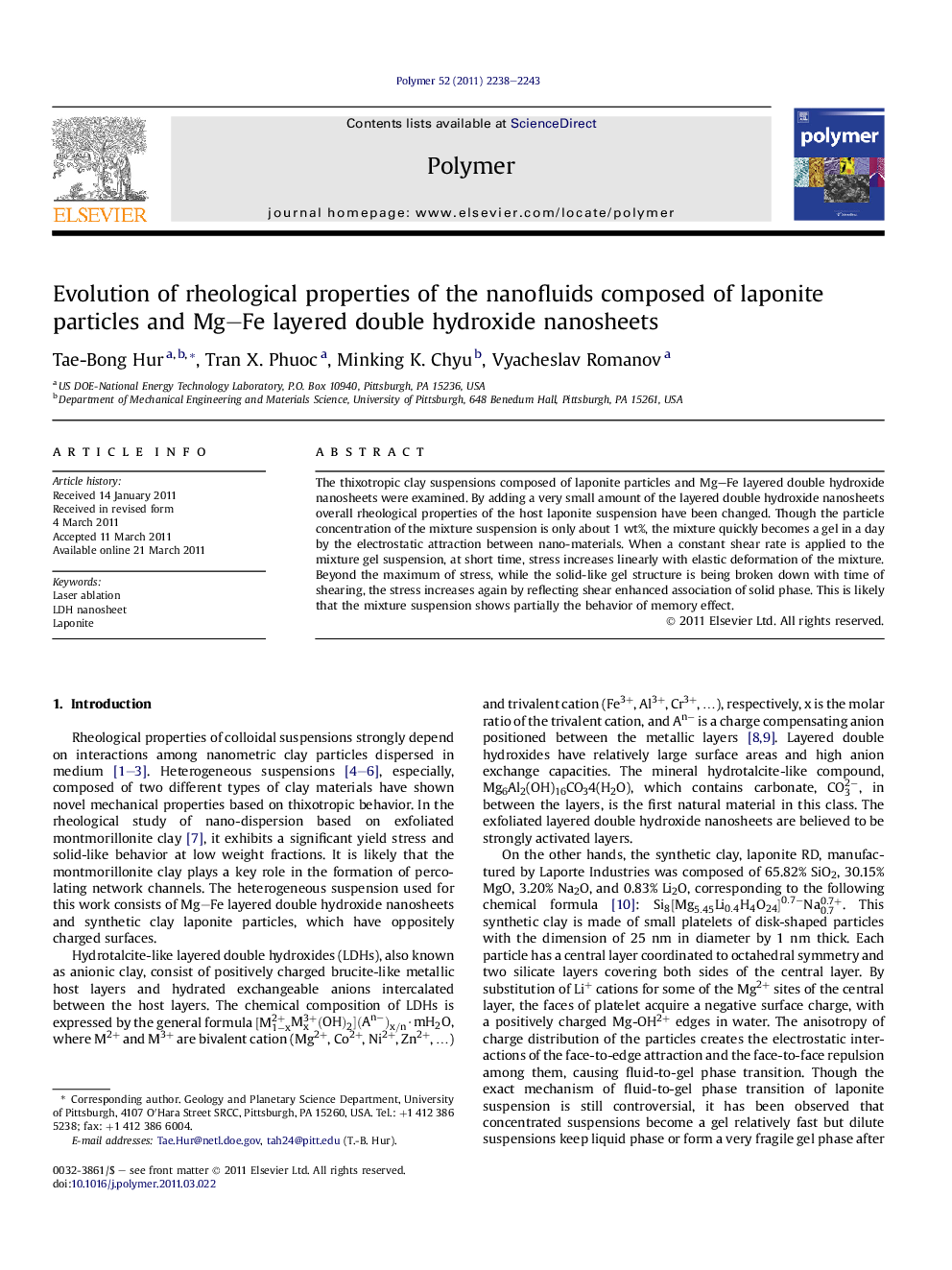 Evolution of rheological properties of the nanofluids composed of laponite particles and Mg-Fe layered double hydroxide nanosheets