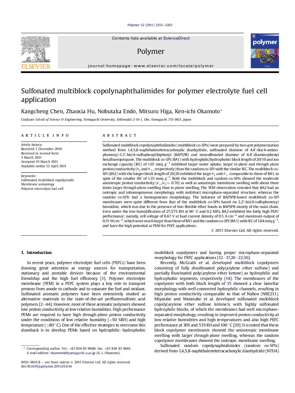 Sulfonated multiblock copolynaphthalimides for polymer electrolyte fuel cell application