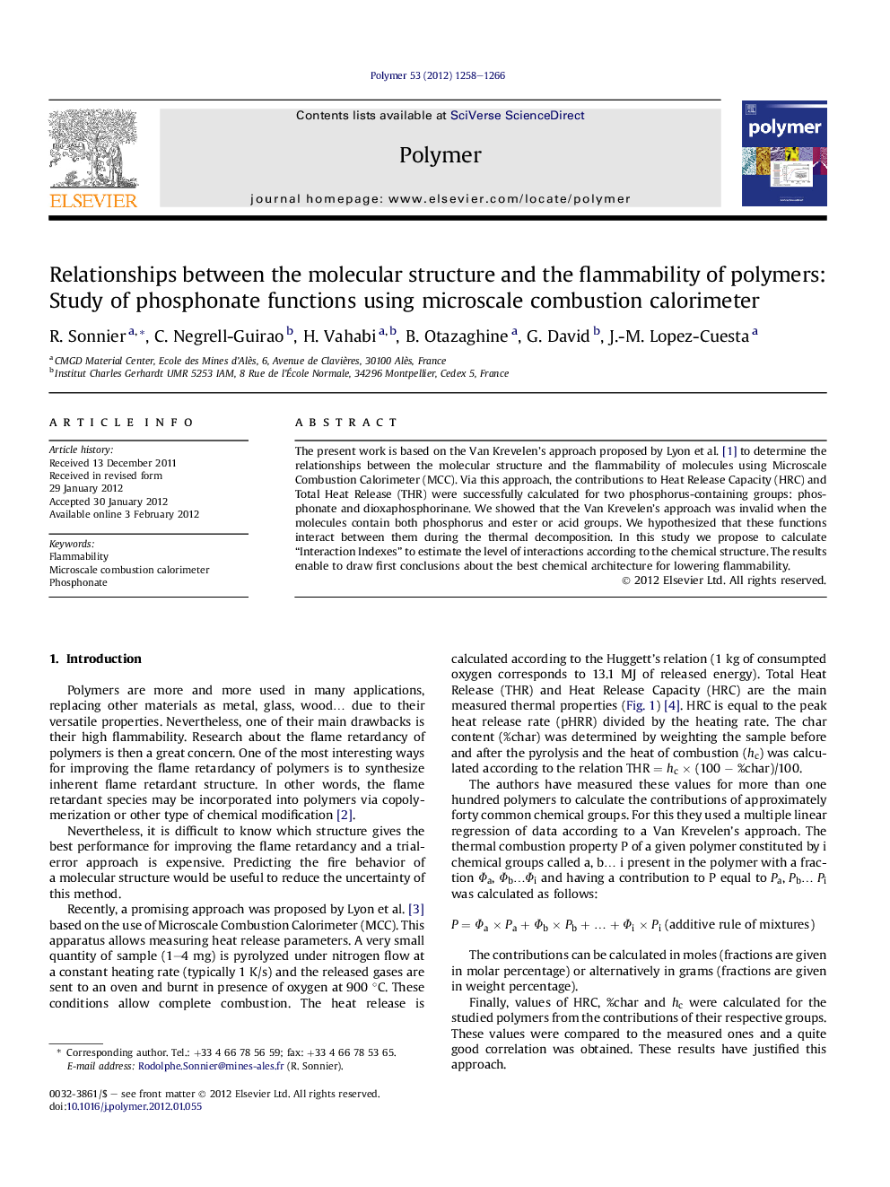 Relationships between the molecular structure and the flammability of polymers: Study of phosphonate functions using microscale combustion calorimeter