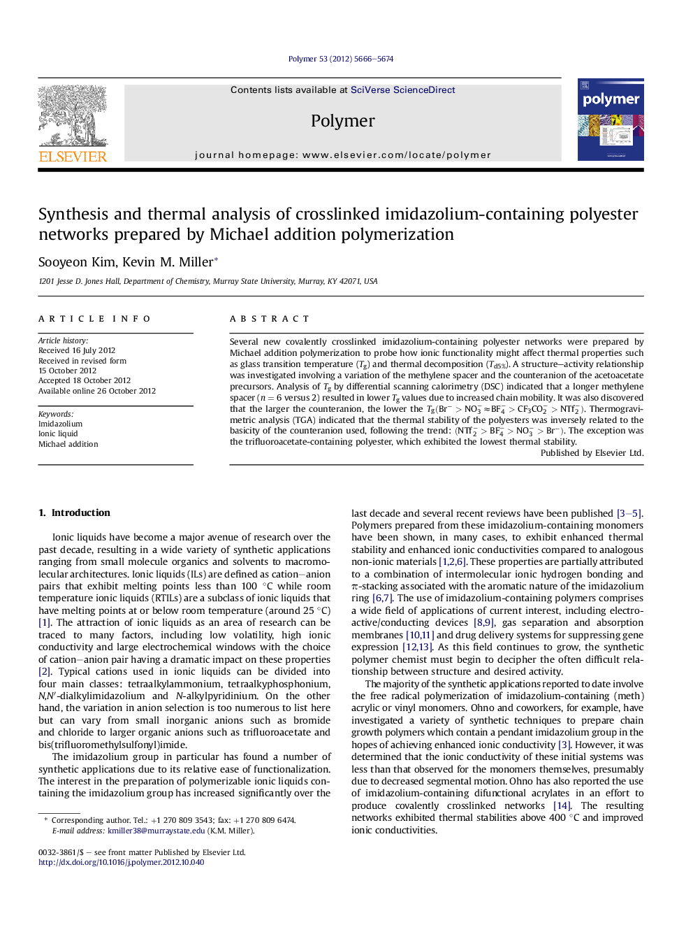 Synthesis and thermal analysis of crosslinked imidazolium-containing polyester networks prepared by Michael addition polymerization