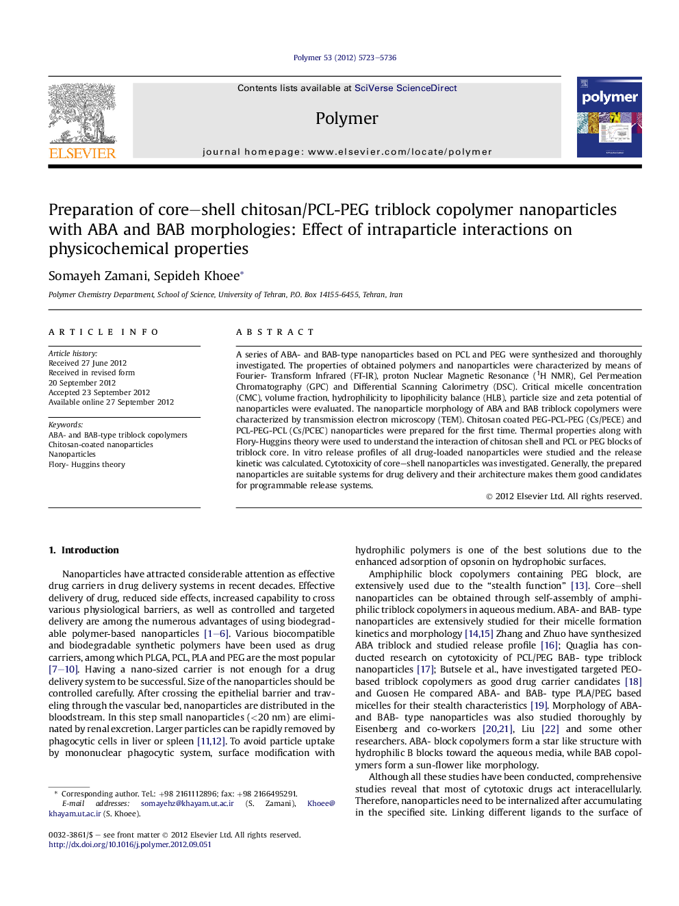 Preparation of core-shell chitosan/PCL-PEG triblock copolymer nanoparticles with ABA and BAB morphologies: Effect of intraparticle interactions on physicochemical properties