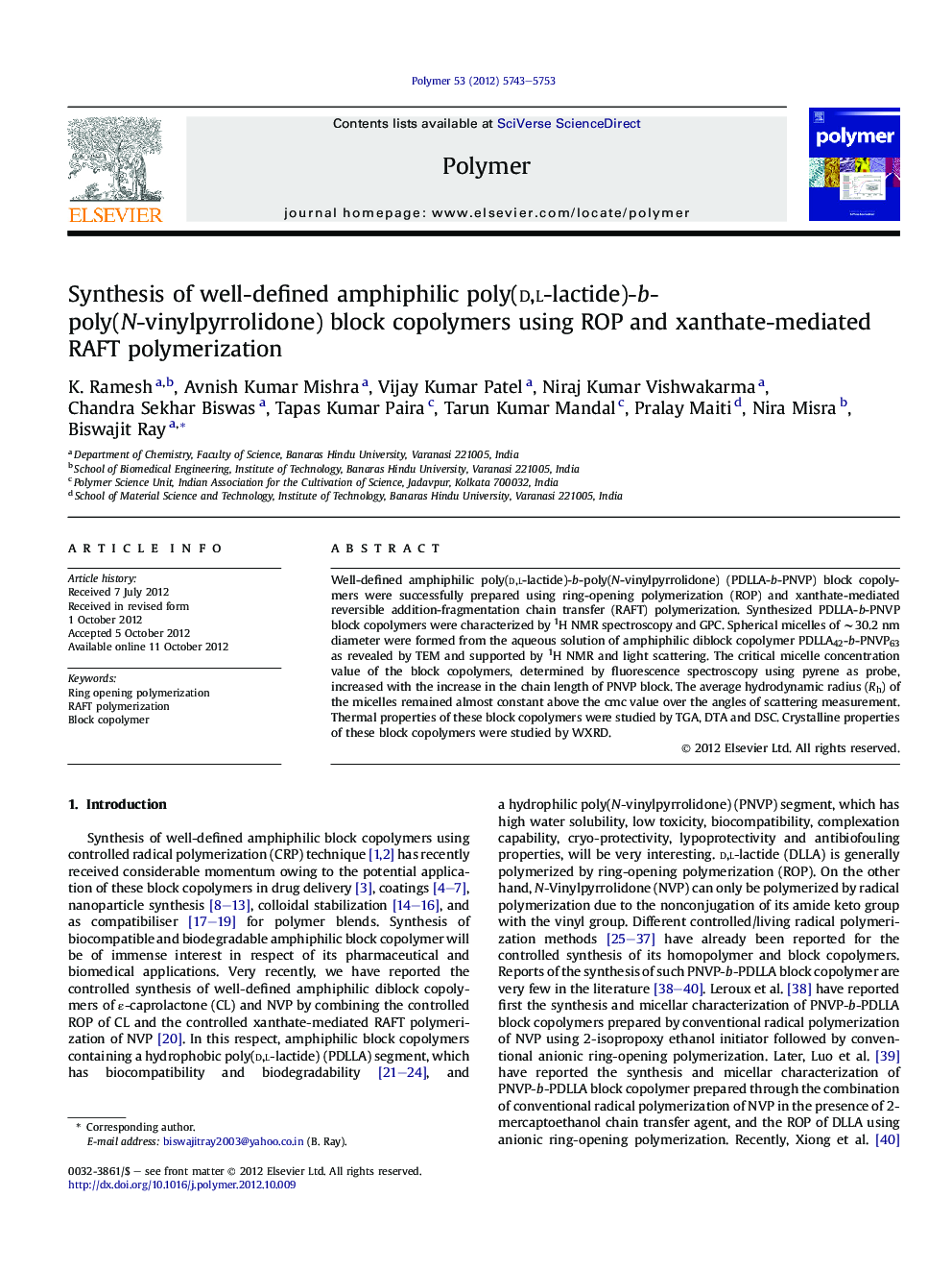 Synthesis of well-defined amphiphilic poly(d,l-lactide)-b-poly(N-vinylpyrrolidone) block copolymers using ROP and xanthate-mediated RAFT polymerization