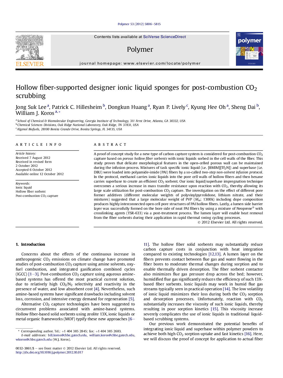 Hollow fiber-supported designer ionic liquid sponges for post-combustion CO2 scrubbing